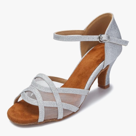 Akanu Latin Salsa Ballroom Dance Heels Silver Mesh Strappy 2.5in Size 8.5 New - Picture 8 of 9